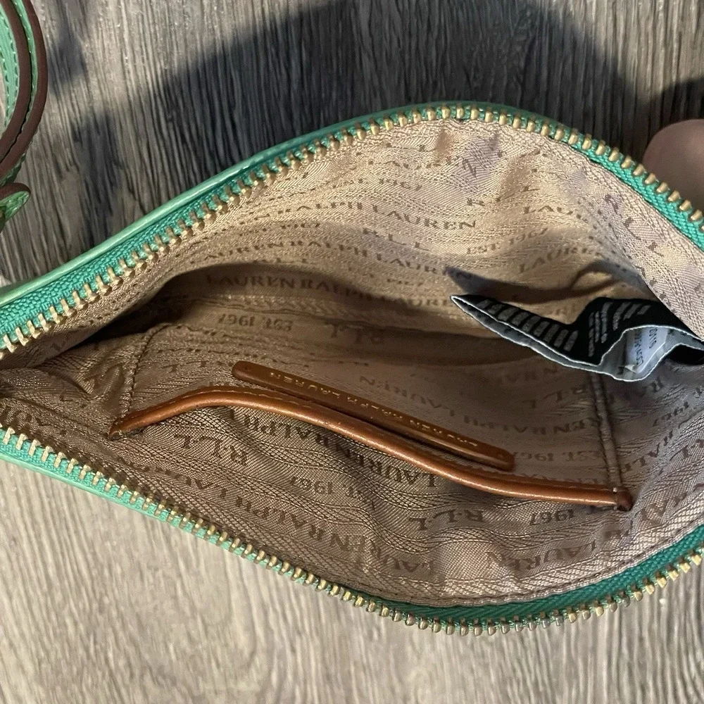 Lauren Ralph‎ Lauren Green Textured Leather Wristlet Gold Hardware Pouch Bag